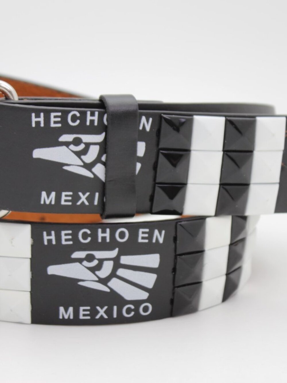 NEW Black Faux Leather Belt Hecho En Mexico Eagle Print Black White Studs Size S - Picture 11 of 16